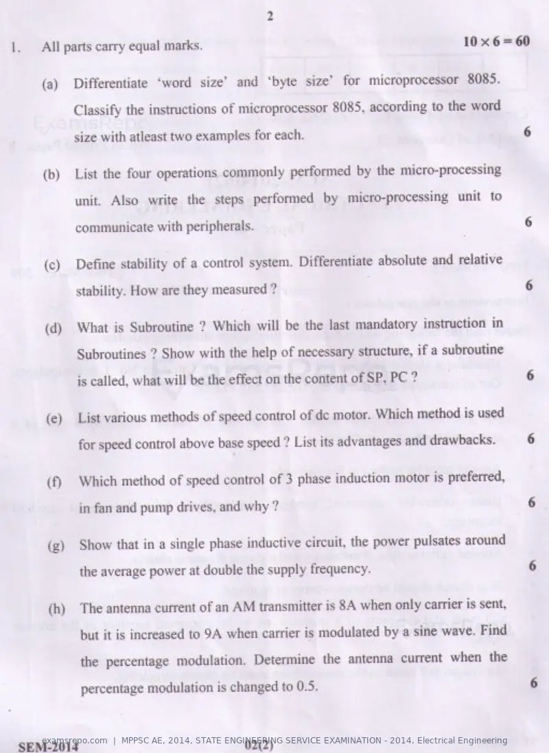 MPPSC AE 2014 question paper, STATE ENGINEERING SERVICE EXAMINATION - 2014, Electrical Engineering, page 14 of 20