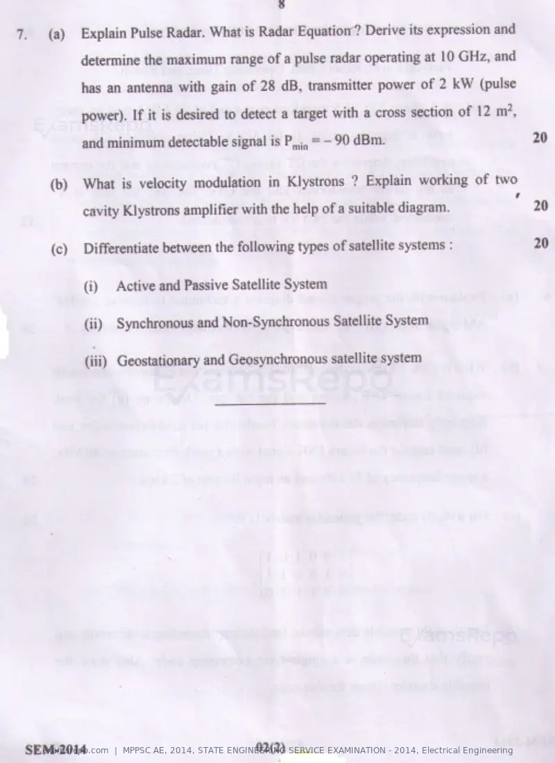 MPPSC AE 2014 question paper, STATE ENGINEERING SERVICE EXAMINATION - 2014, Electrical Engineering, page 20 of 20