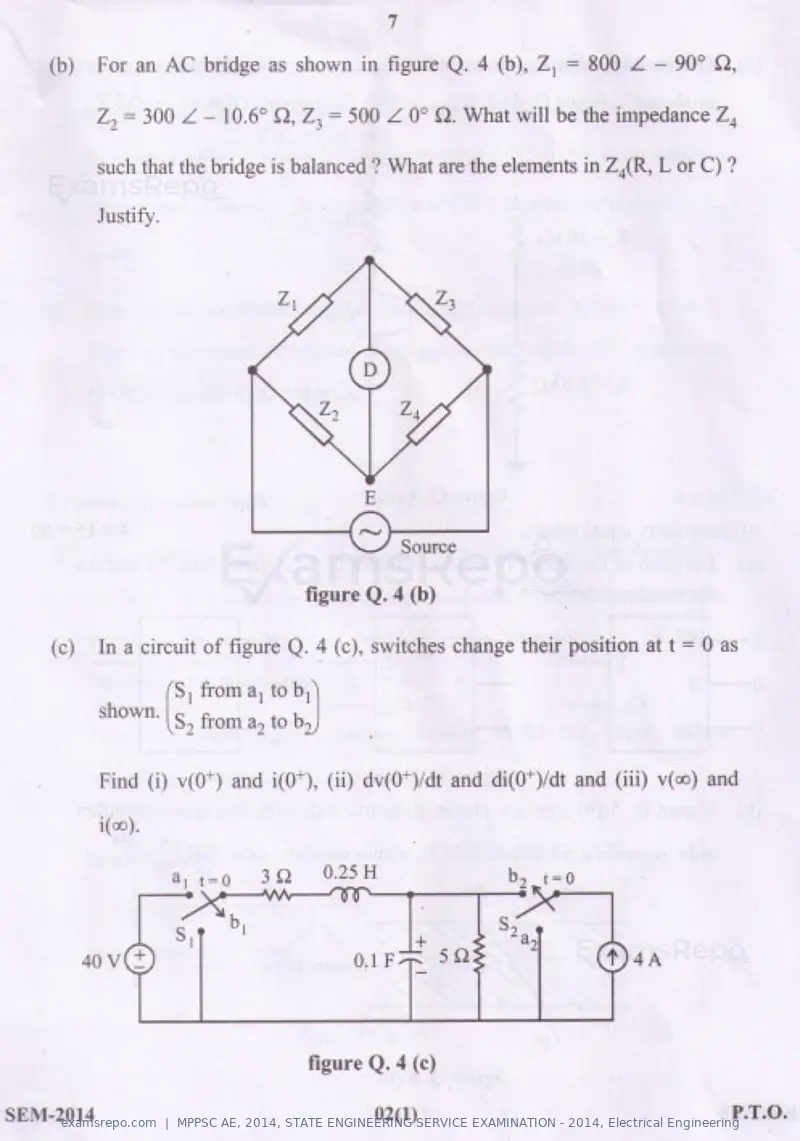 MPPSC AE 2014 question paper, STATE ENGINEERING SERVICE EXAMINATION - 2014, Electrical Engineering, page 7 of 20