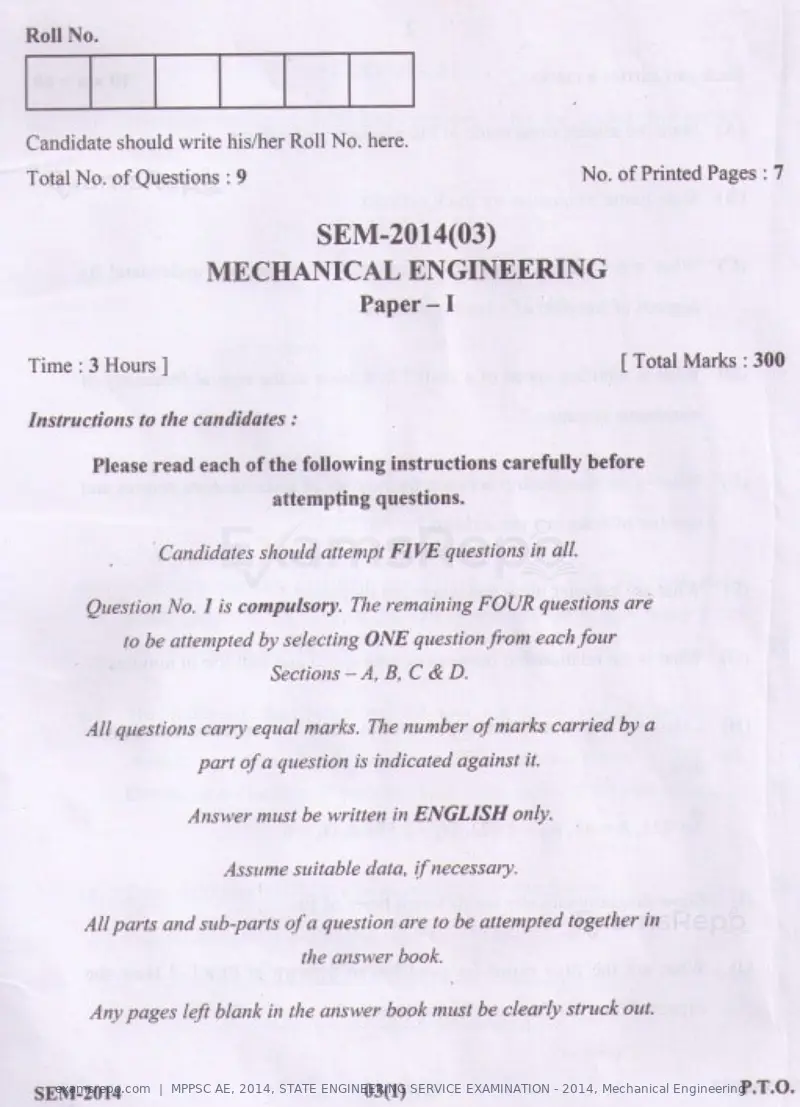MPPSC AE 2014 question paper, STATE ENGINEERING SERVICE EXAMINATION - 2014, Mechanical Engineering, page 1 of 14