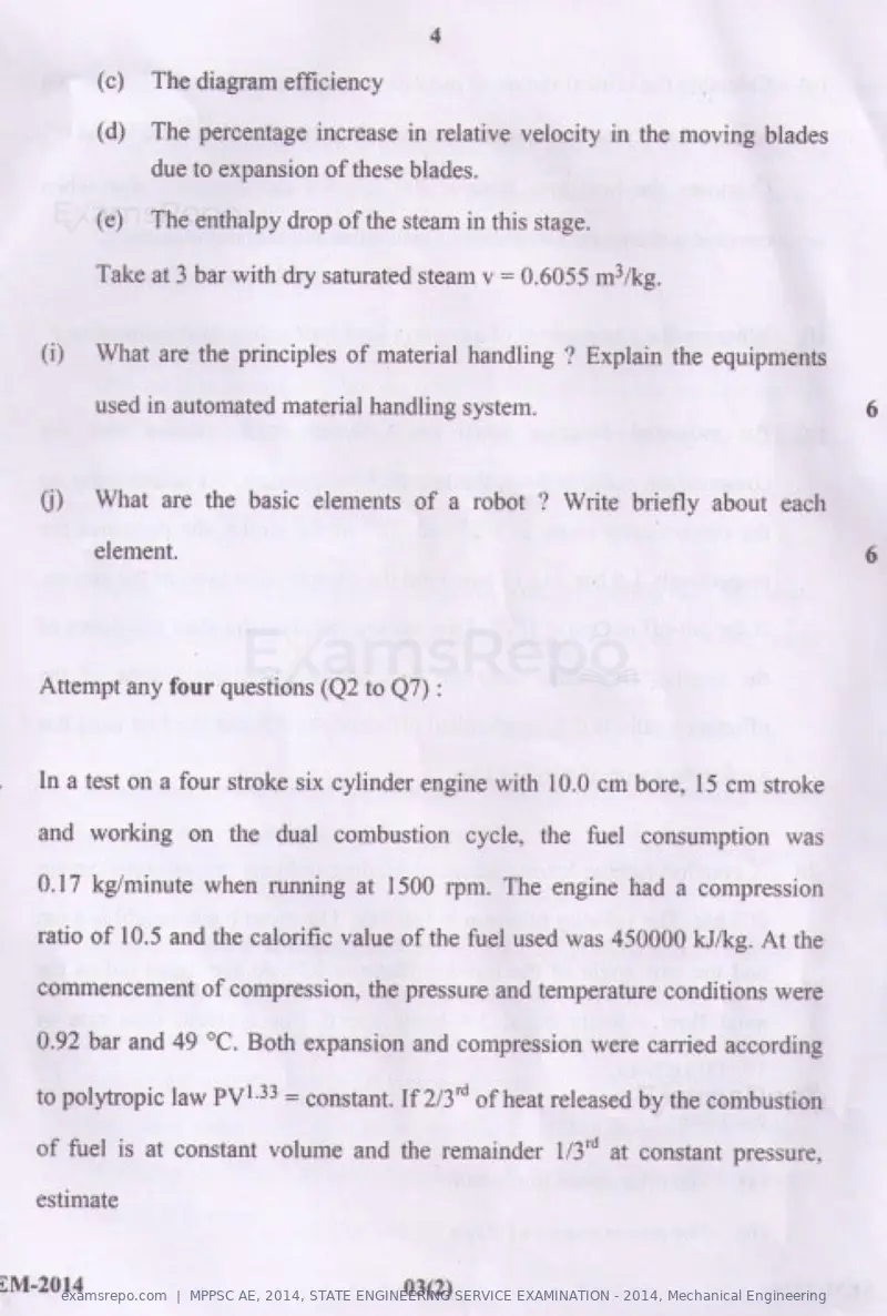 MPPSC AE 2014 question paper, STATE ENGINEERING SERVICE EXAMINATION - 2014, Mechanical Engineering, page 11 of 14
