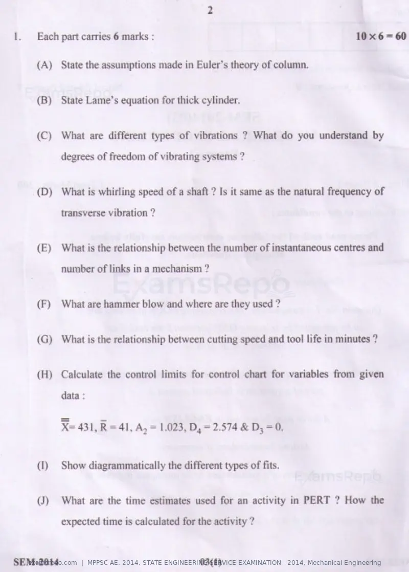 MPPSC AE 2014 question paper, STATE ENGINEERING SERVICE EXAMINATION - 2014, Mechanical Engineering, page 2 of 14