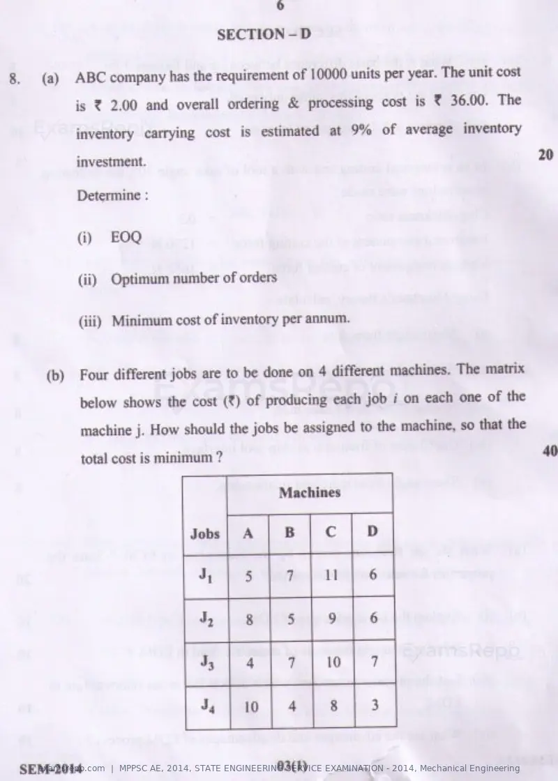 MPPSC AE 2014 question paper, STATE ENGINEERING SERVICE EXAMINATION - 2014, Mechanical Engineering, page 6 of 14