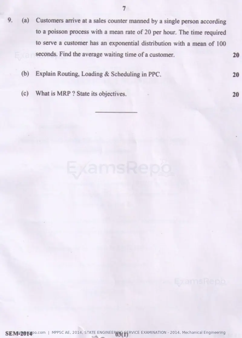 MPPSC AE 2014 question paper, STATE ENGINEERING SERVICE EXAMINATION - 2014, Mechanical Engineering, page 7 of 14