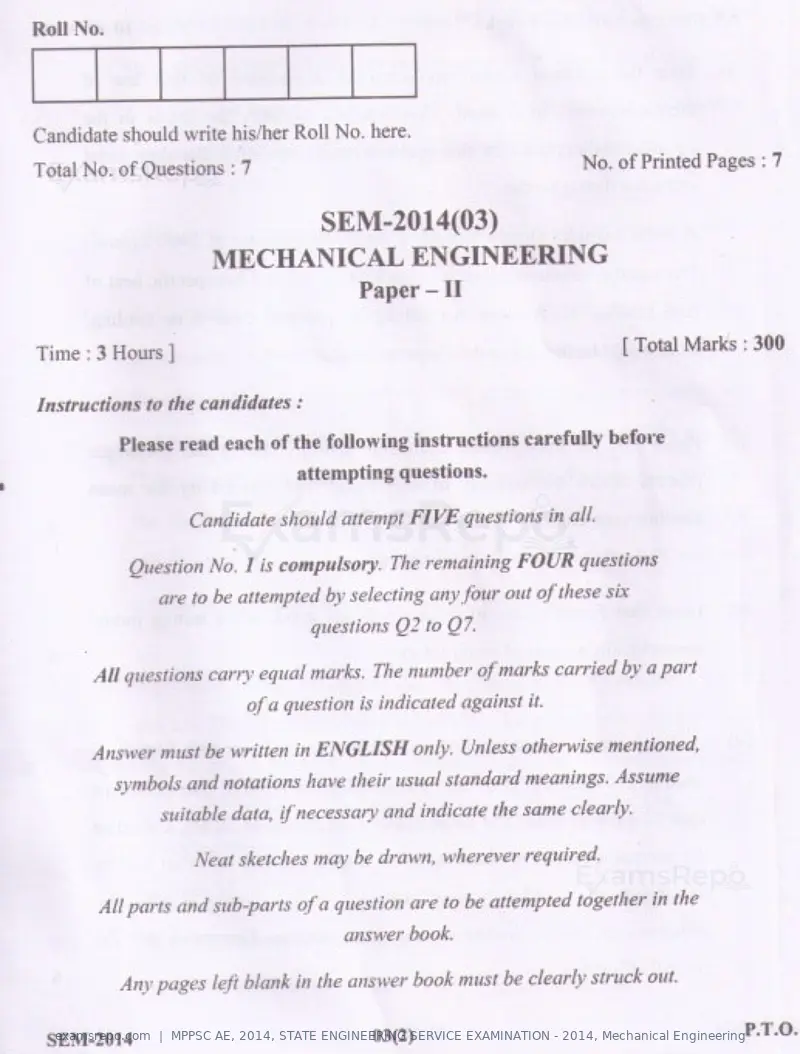 MPPSC AE 2014 question paper, STATE ENGINEERING SERVICE EXAMINATION - 2014, Mechanical Engineering, page 8 of 14