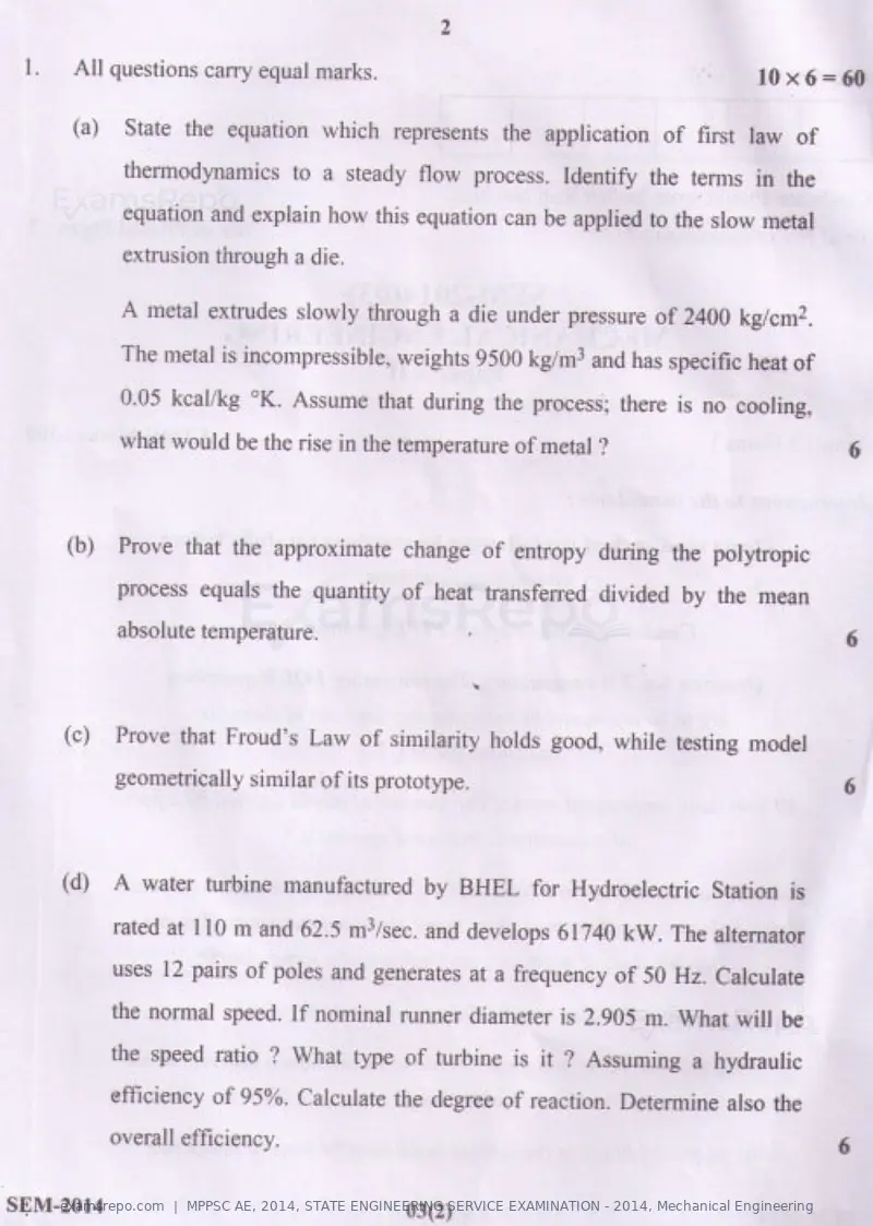 MPPSC AE 2014 question paper, STATE ENGINEERING SERVICE EXAMINATION - 2014, Mechanical Engineering, page 9 of 14