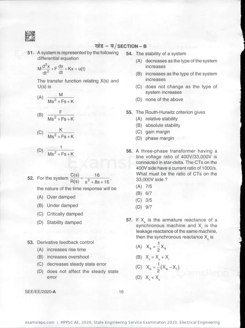 MPPSC AE 2020 question paper, State Engineering Service Examination 2020, Electrical Engineering, page 16 of 32