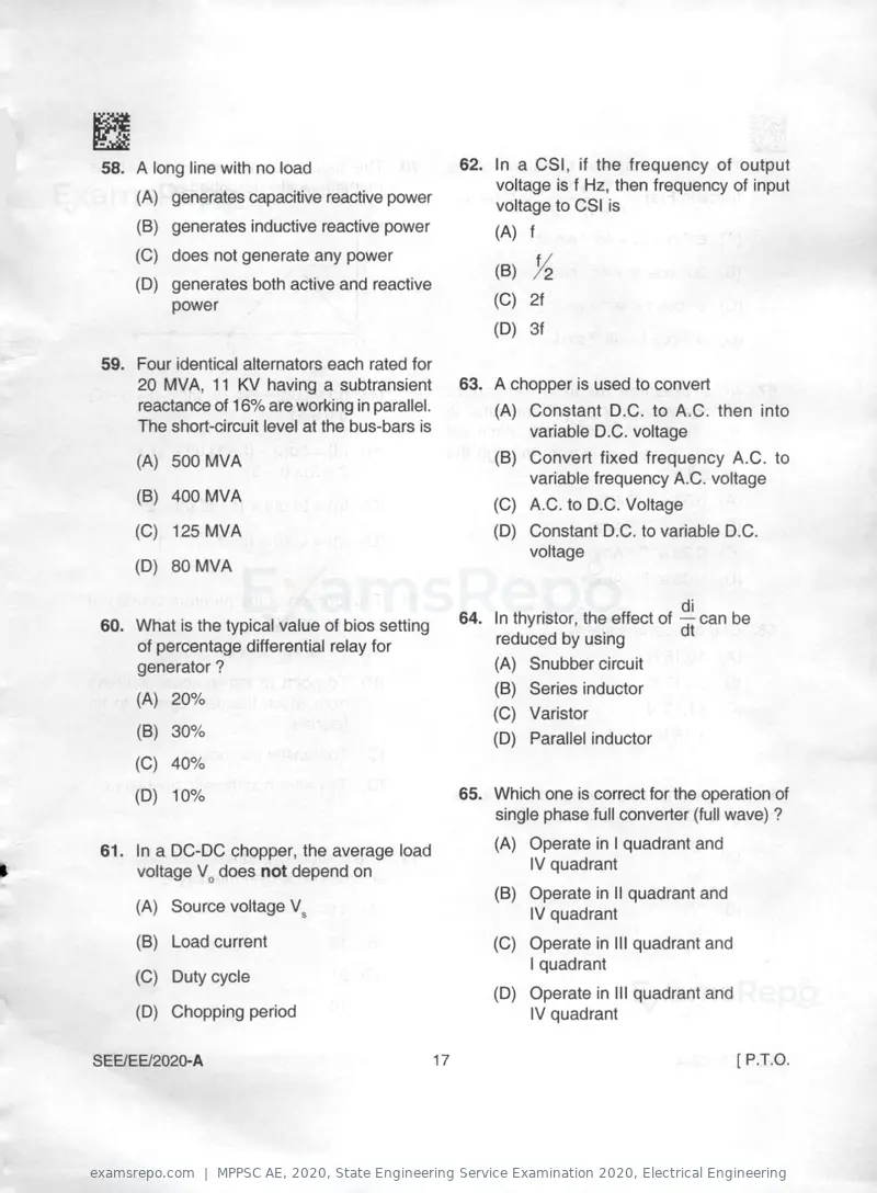 MPPSC AE 2020 question paper, State Engineering Service Examination 2020, Electrical Engineering, page 17 of 32