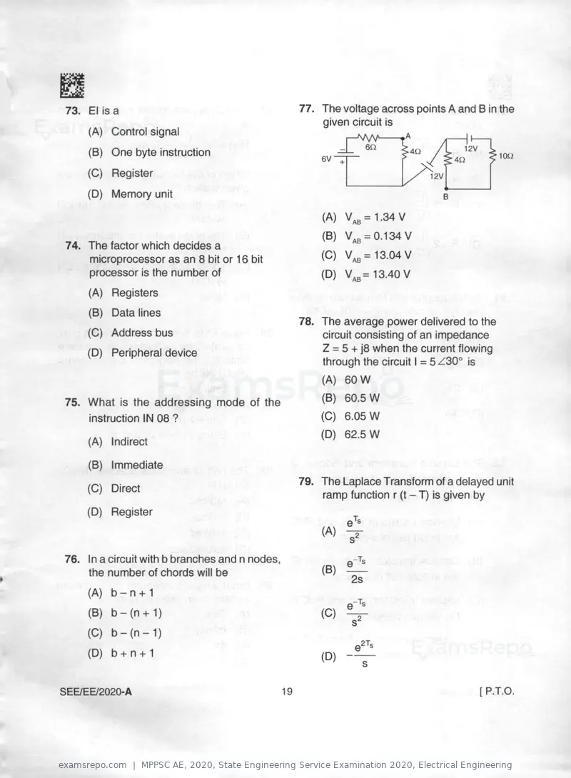 MPPSC AE 2020 question paper, State Engineering Service Examination 2020, Electrical Engineering, page 19 of 32