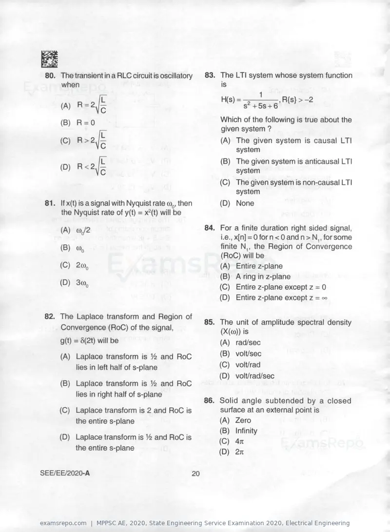 MPPSC AE 2020 question paper, State Engineering Service Examination 2020, Electrical Engineering, page 20 of 32