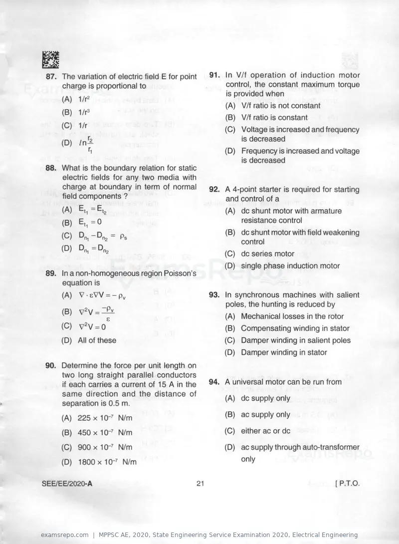 MPPSC AE 2020 question paper, State Engineering Service Examination 2020, Electrical Engineering, page 21 of 32