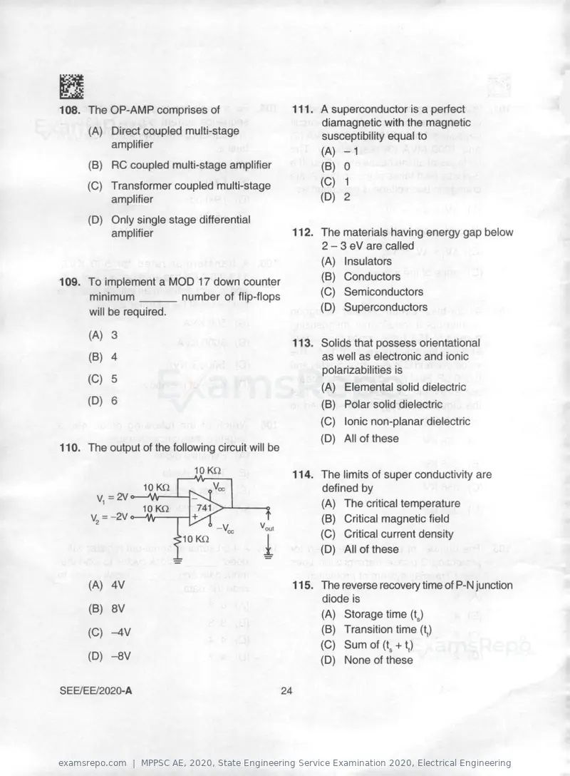 MPPSC AE 2020 question paper, State Engineering Service Examination 2020, Electrical Engineering, page 24 of 32