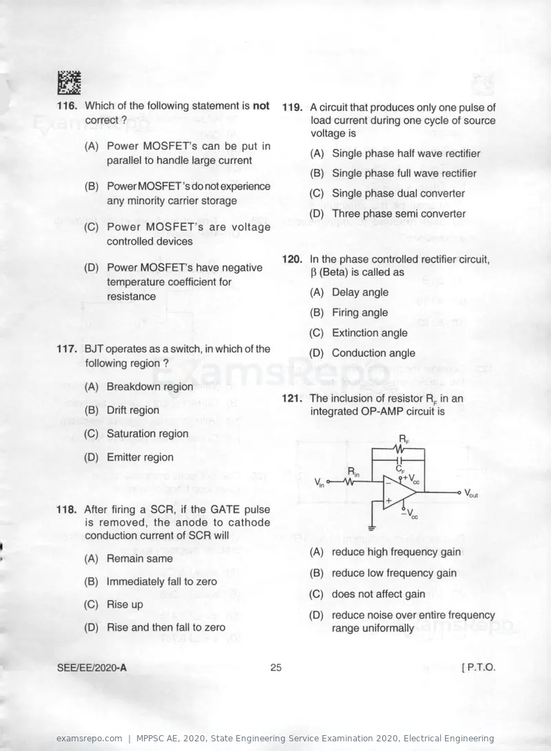 MPPSC AE 2020 question paper, State Engineering Service Examination 2020, Electrical Engineering, page 25 of 32