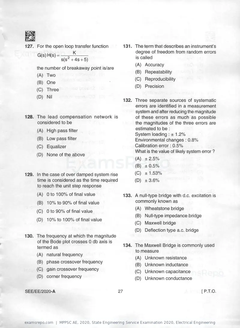 MPPSC AE 2020 question paper, State Engineering Service Examination 2020, Electrical Engineering, page 27 of 32