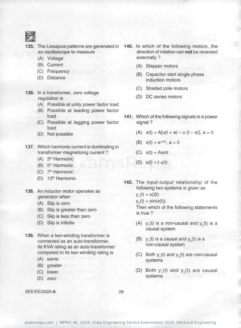 MPPSC AE 2020 question paper, State Engineering Service Examination 2020, Electrical Engineering, page 28 of 32