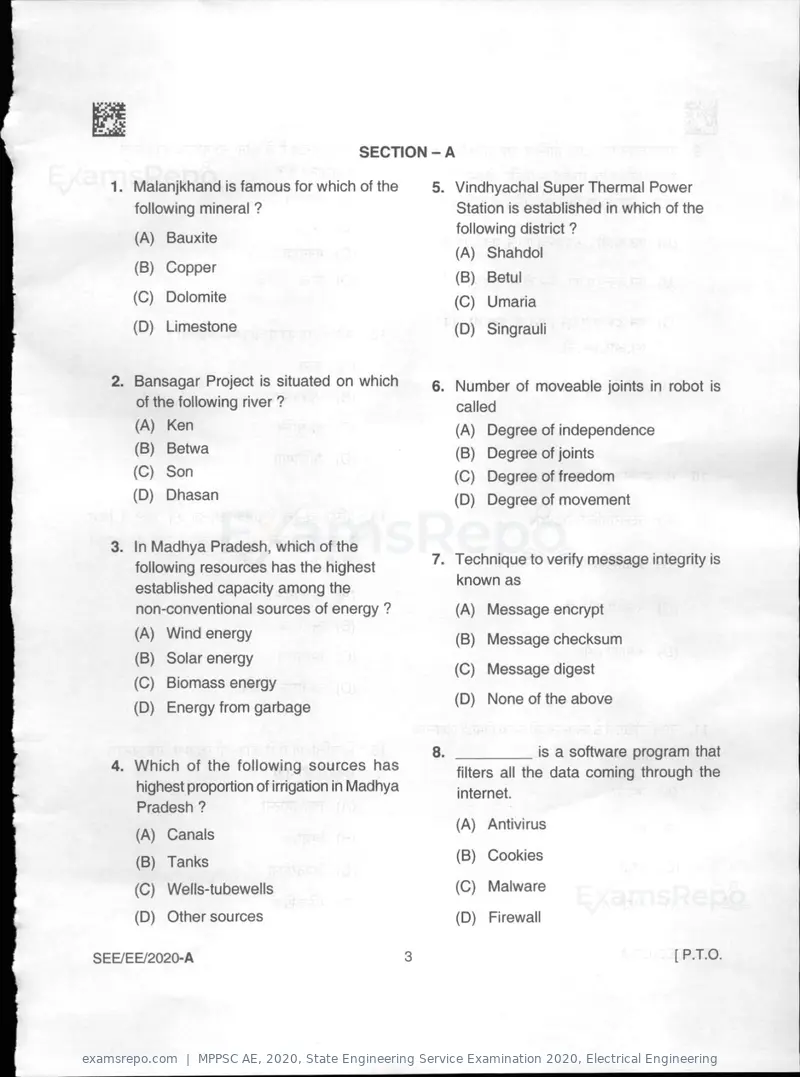 MPPSC AE 2020 question paper, State Engineering Service Examination 2020, Electrical Engineering, page 3 of 32