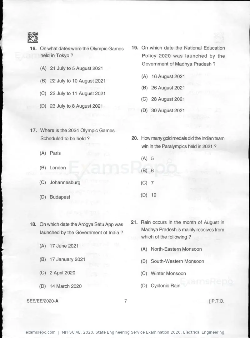 MPPSC AE 2020 question paper, State Engineering Service Examination 2020, Electrical Engineering, page 7 of 32