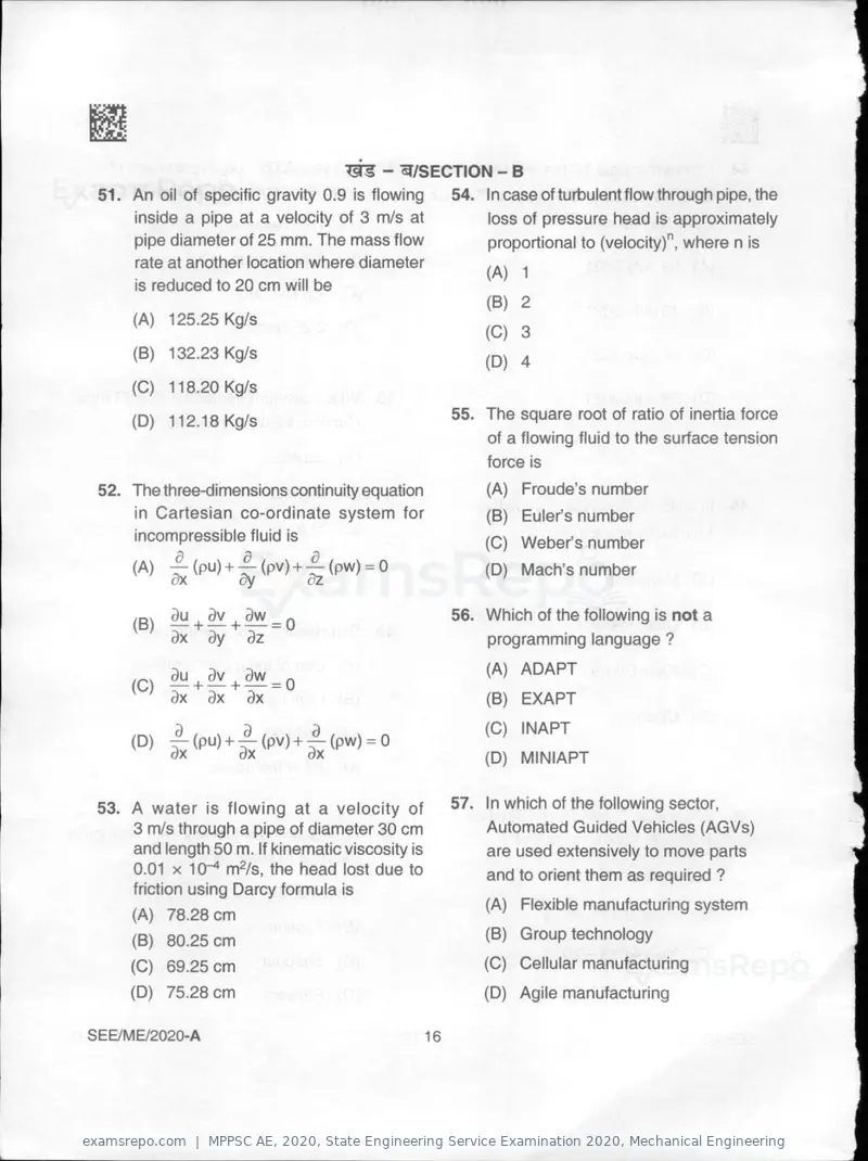 MPPSC AE 2020 question paper, State Engineering Service Examination 2020, Mechanical Engineering, page 16 of 32