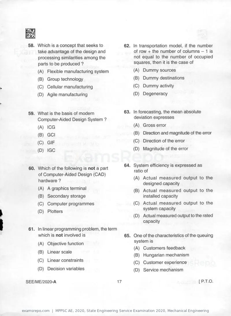 MPPSC AE 2020 question paper, State Engineering Service Examination 2020, Mechanical Engineering, page 17 of 32