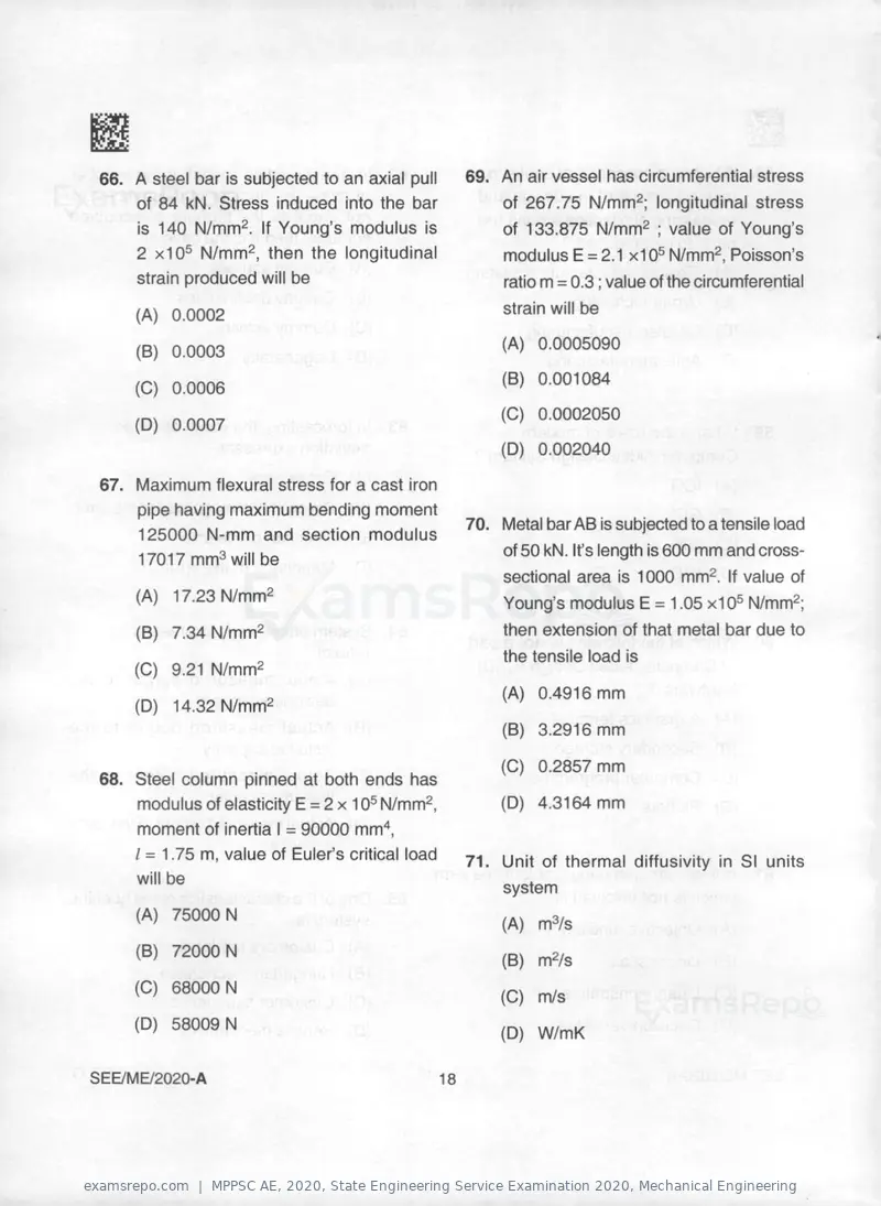 MPPSC AE 2020 question paper, State Engineering Service Examination 2020, Mechanical Engineering, page 18 of 32