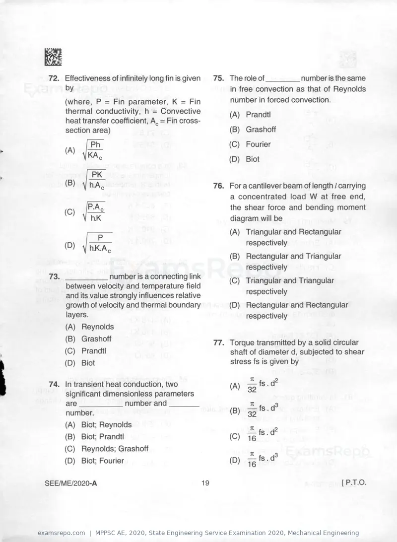 MPPSC AE 2020 question paper, State Engineering Service Examination 2020, Mechanical Engineering, page 19 of 32