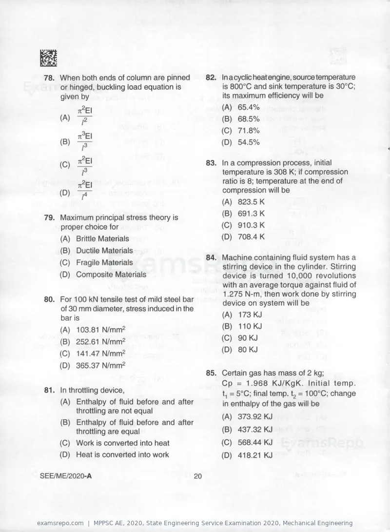 MPPSC AE 2020 question paper, State Engineering Service Examination 2020, Mechanical Engineering, page 20 of 32