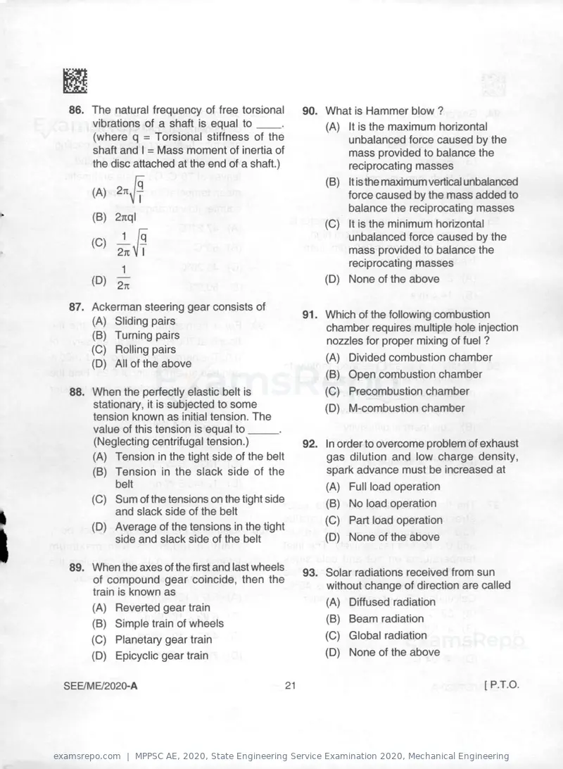 MPPSC AE 2020 question paper, State Engineering Service Examination 2020, Mechanical Engineering, page 21 of 32