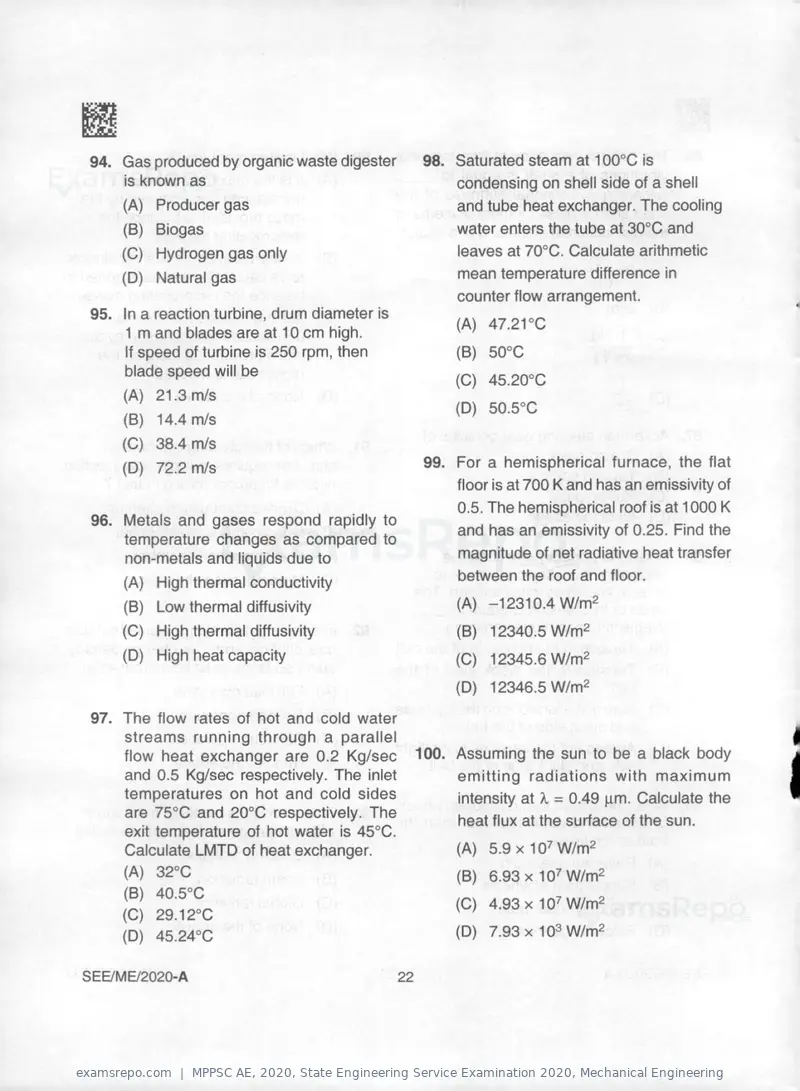 MPPSC AE 2020 question paper, State Engineering Service Examination 2020, Mechanical Engineering, page 22 of 32