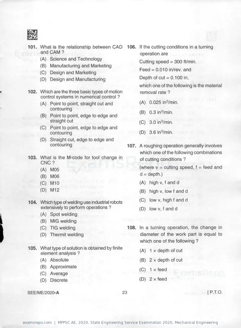 MPPSC AE 2020 question paper, State Engineering Service Examination 2020, Mechanical Engineering, page 23 of 32