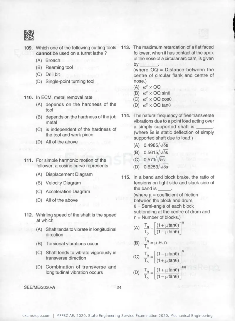 MPPSC AE 2020 question paper, State Engineering Service Examination 2020, Mechanical Engineering, page 24 of 32