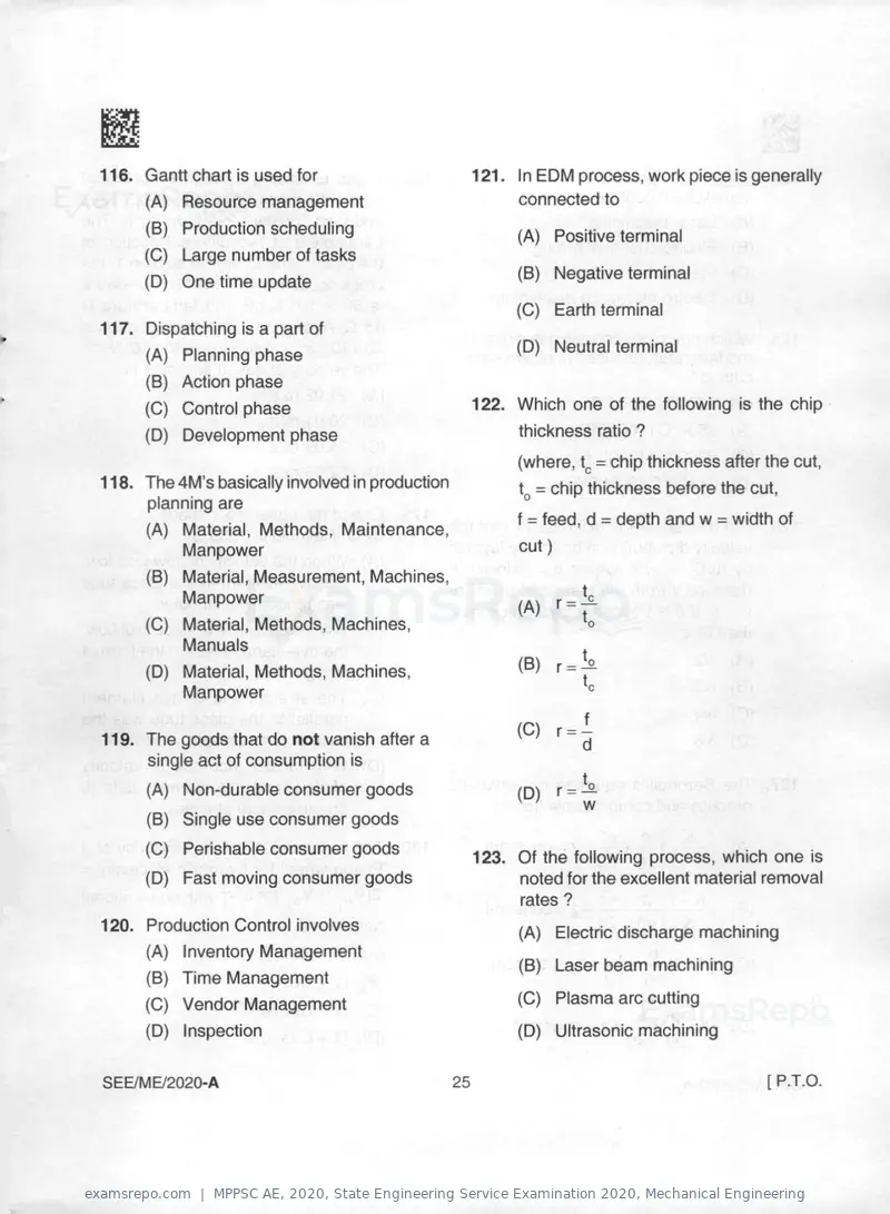 MPPSC AE 2020 question paper, State Engineering Service Examination 2020, Mechanical Engineering, page 25 of 32