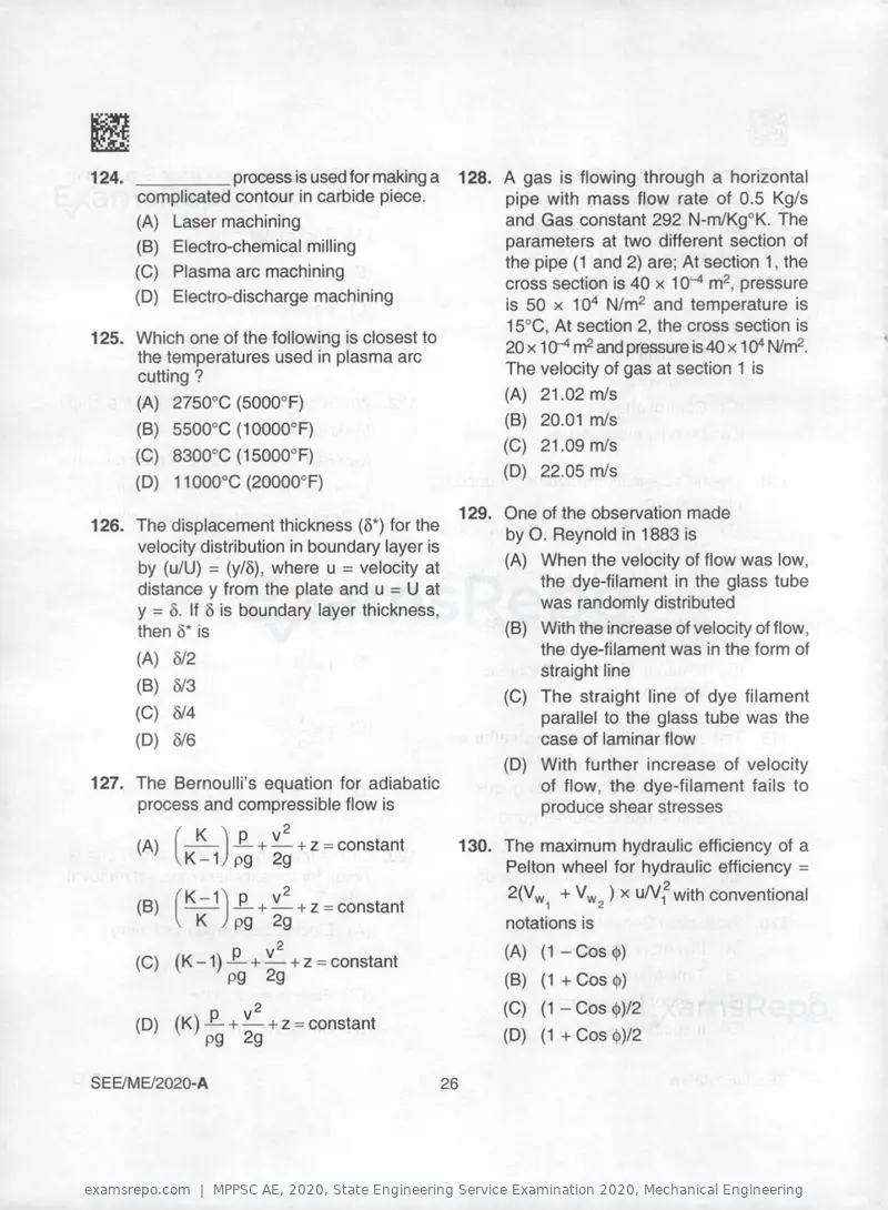 MPPSC AE 2020 question paper, State Engineering Service Examination 2020, Mechanical Engineering, page 26 of 32