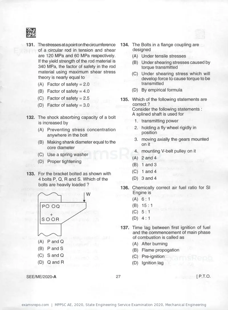 MPPSC AE 2020 question paper, State Engineering Service Examination 2020, Mechanical Engineering, page 27 of 32