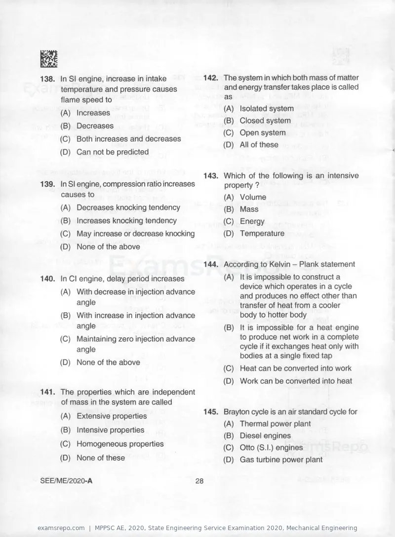 MPPSC AE 2020 question paper, State Engineering Service Examination 2020, Mechanical Engineering, page 28 of 32