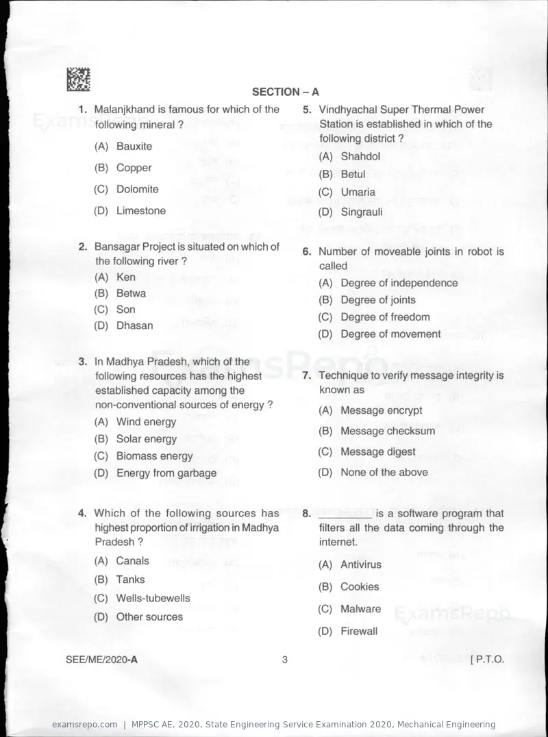 MPPSC AE 2020 question paper, State Engineering Service Examination 2020, Mechanical Engineering, page 3 of 32