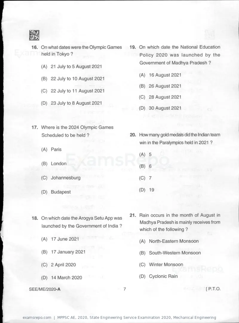 MPPSC AE 2020 question paper, State Engineering Service Examination 2020, Mechanical Engineering, page 7 of 32