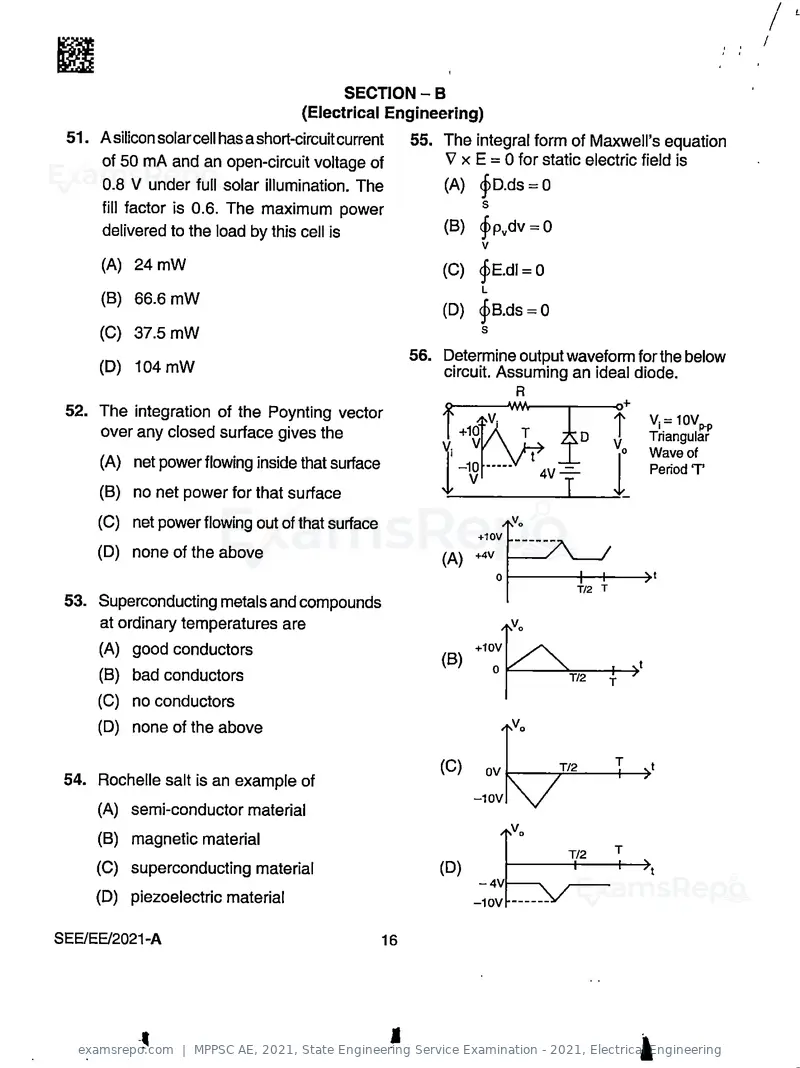 MPPSC AE 2021 question paper, State Engineering Service Examination - 2021, Electrical Engineering, page 16 of 32