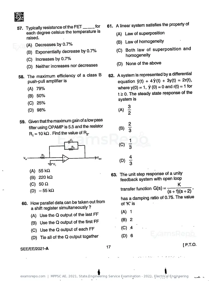 MPPSC AE 2021 question paper, State Engineering Service Examination - 2021, Electrical Engineering, page 17 of 32