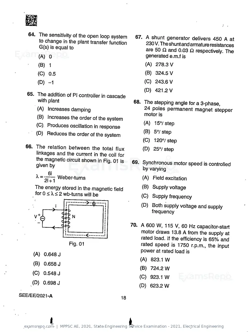 MPPSC AE 2021 question paper, State Engineering Service Examination - 2021, Electrical Engineering, page 18 of 32