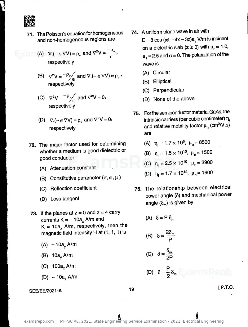 MPPSC AE 2021 question paper, State Engineering Service Examination - 2021, Electrical Engineering, page 19 of 32