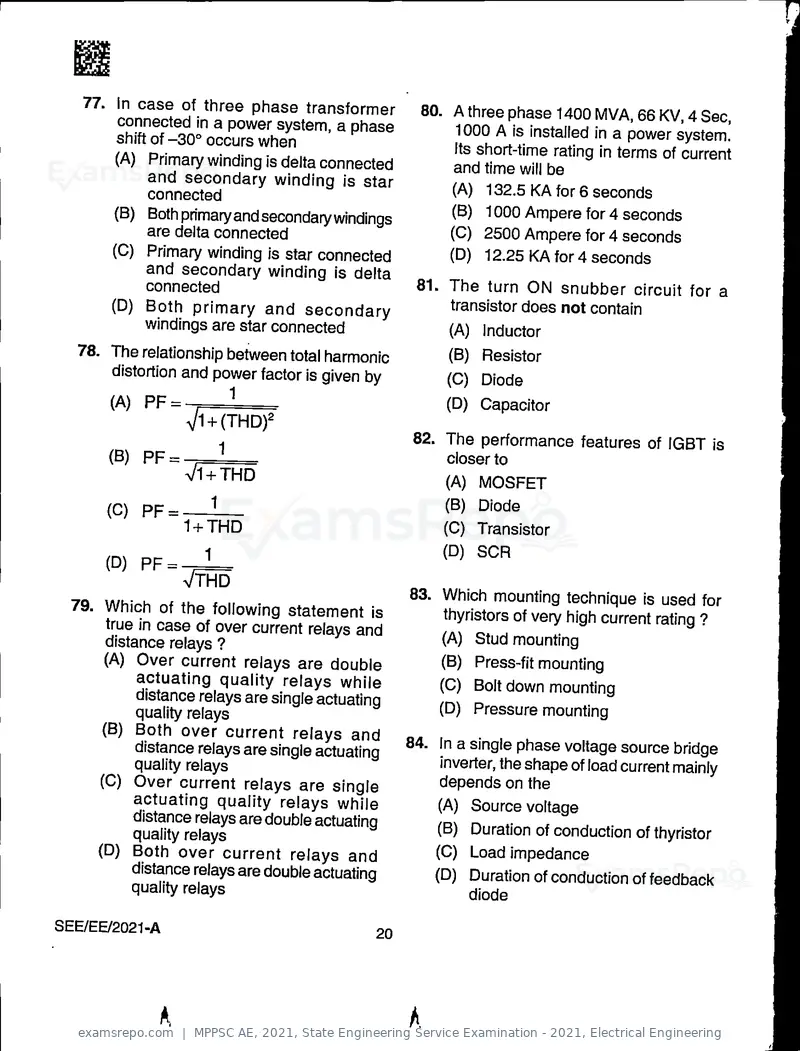 MPPSC AE 2021 question paper, State Engineering Service Examination - 2021, Electrical Engineering, page 20 of 32