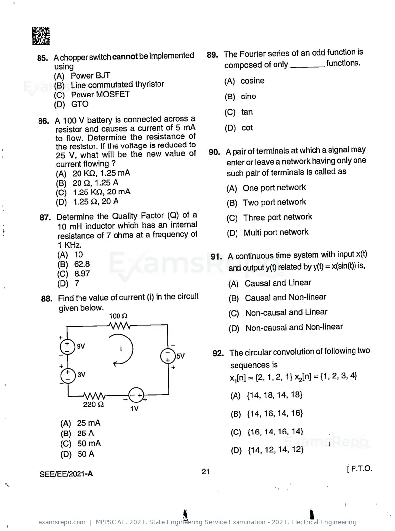 MPPSC AE 2021 question paper, State Engineering Service Examination - 2021, Electrical Engineering, page 21 of 32