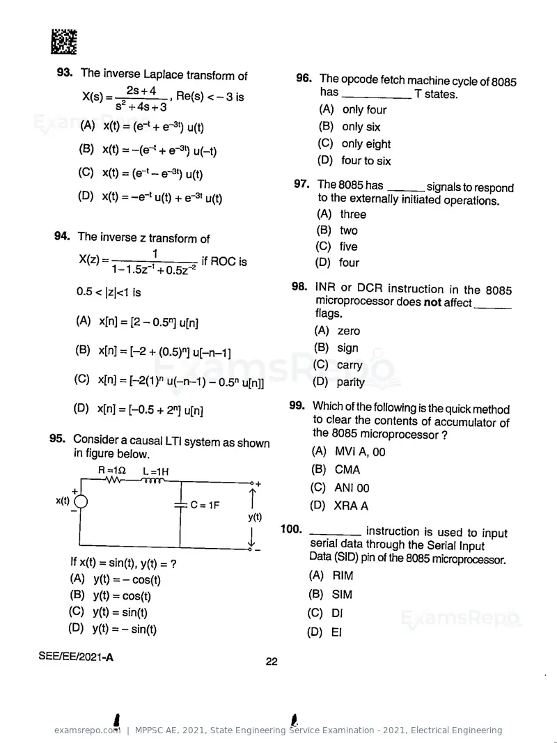 MPPSC AE 2021 question paper, State Engineering Service Examination - 2021, Electrical Engineering, page 22 of 32