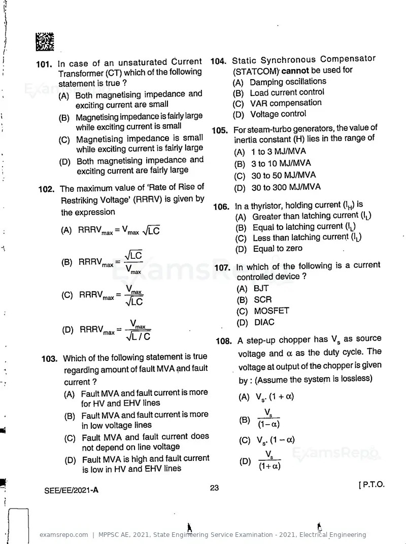 MPPSC AE 2021 question paper, State Engineering Service Examination - 2021, Electrical Engineering, page 23 of 32