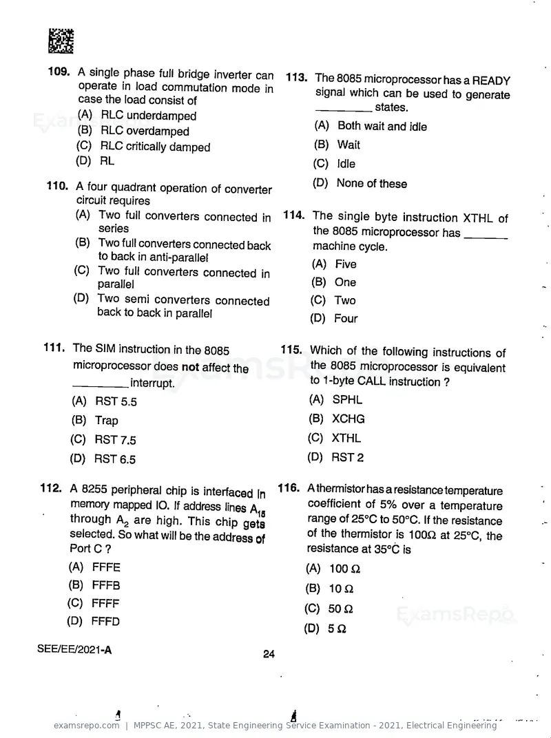MPPSC AE 2021 question paper, State Engineering Service Examination - 2021, Electrical Engineering, page 24 of 32