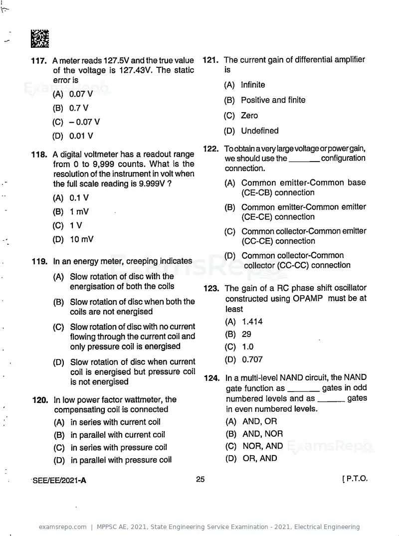 MPPSC AE 2021 question paper, State Engineering Service Examination - 2021, Electrical Engineering, page 25 of 32