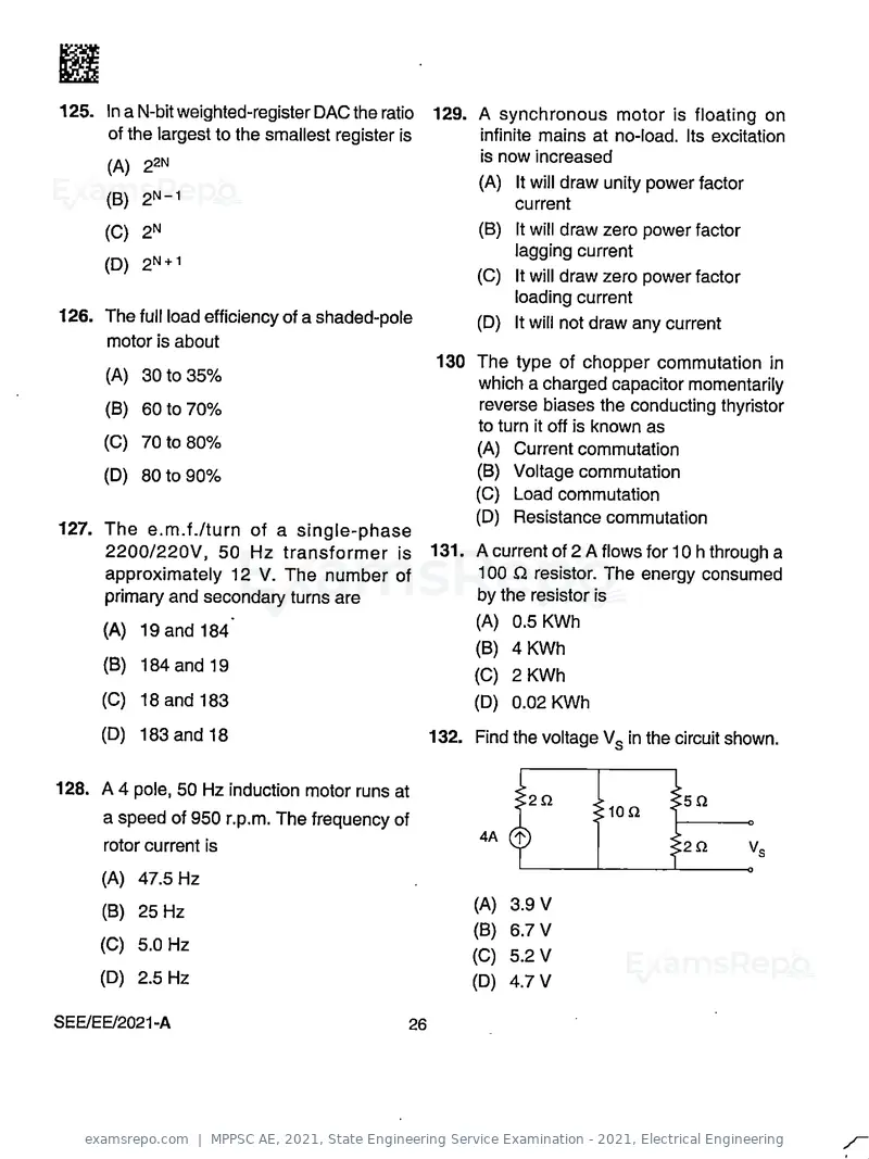 MPPSC AE 2021 question paper, State Engineering Service Examination - 2021, Electrical Engineering, page 26 of 32