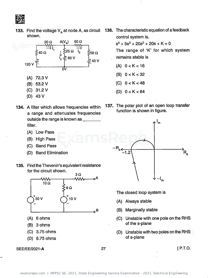 MPPSC AE 2021 question paper, State Engineering Service Examination - 2021, Electrical Engineering, page 27 of 32