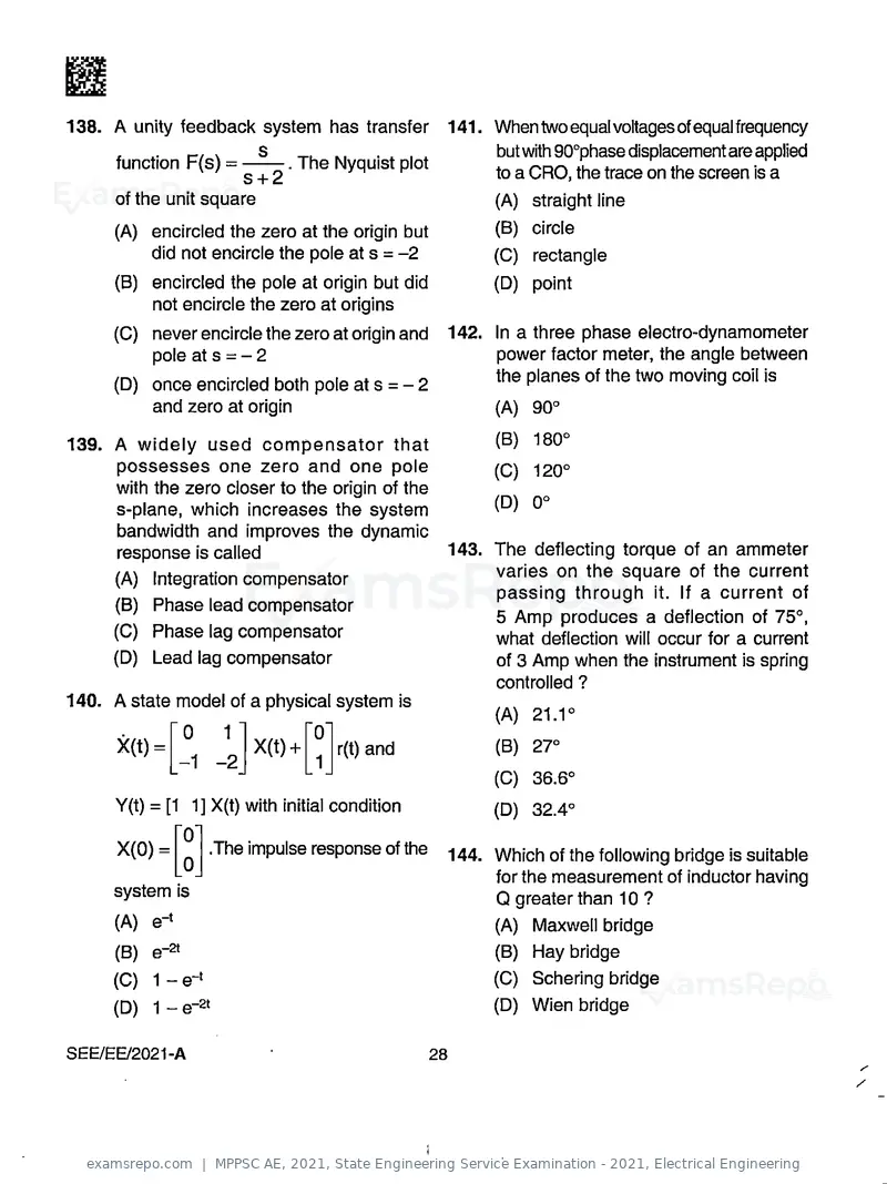 MPPSC AE 2021 question paper, State Engineering Service Examination - 2021, Electrical Engineering, page 28 of 32
