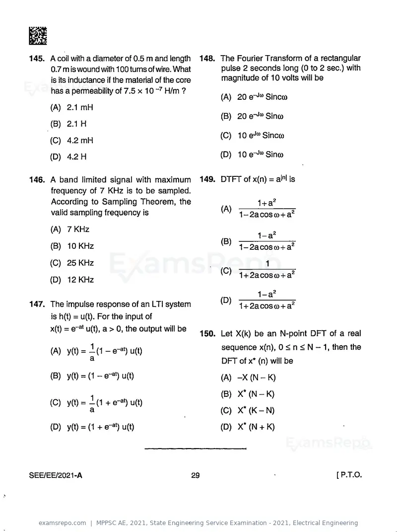 MPPSC AE 2021 question paper, State Engineering Service Examination - 2021, Electrical Engineering, page 29 of 32